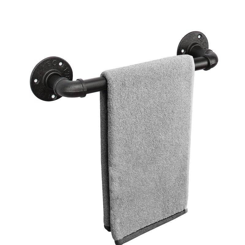 Livabber Industrial Pipe Towel Bar  Rustic Iron Decor Bathroom Hardware Towel Holder Accessory  Heavy Duty Wall Mounted Bath Towel Rack Black (12 Inch) - Image 1